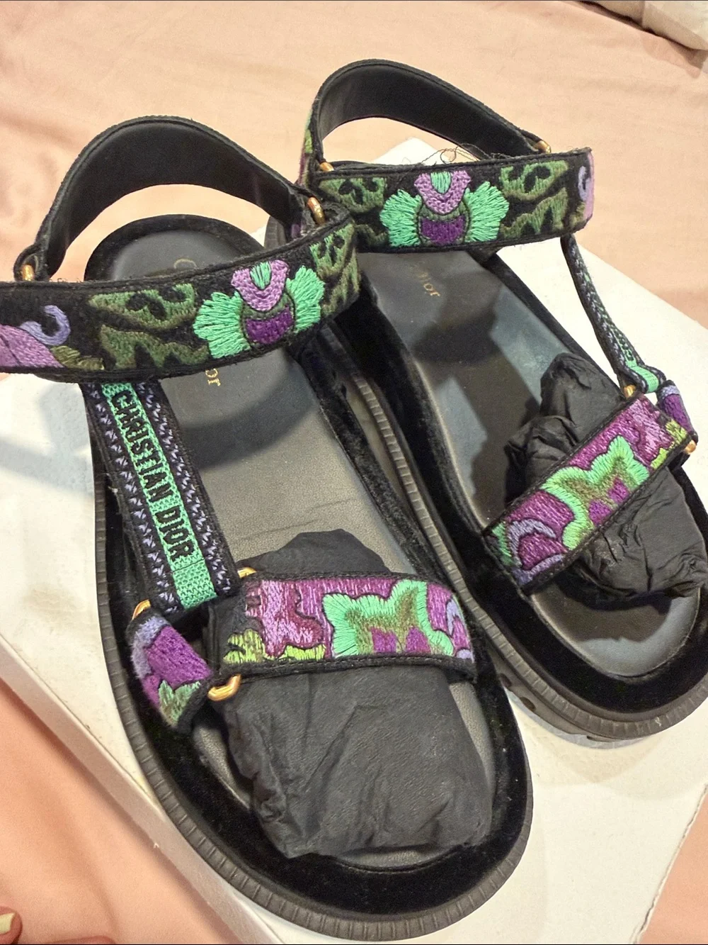 Dior Black Sandals with Purple and Green Embroidered Straps